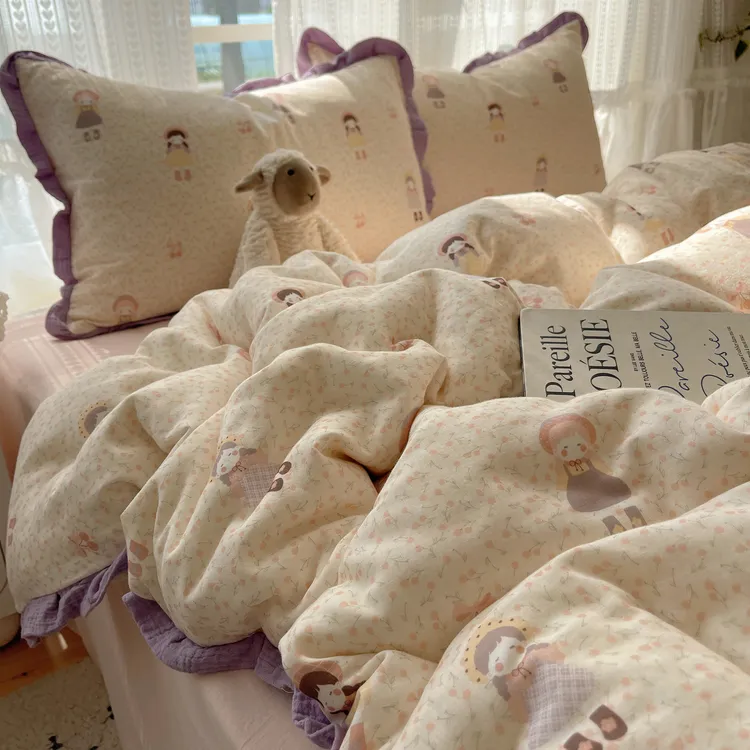 夏季床上四件套床单被套罩宿舍三件套床品纯水洗棉小清新双层纱