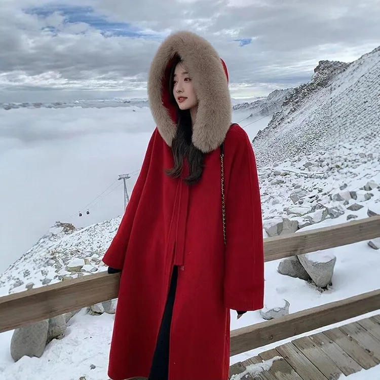 红色双面呢子大衣女中长款秋冬季新款仿狐狸毛大毛领连帽毛呢外套