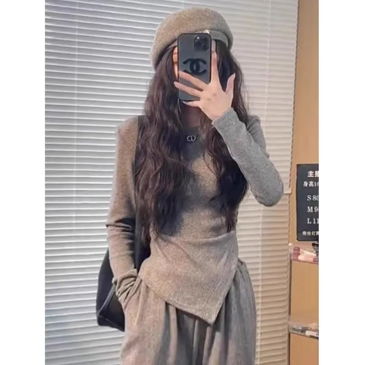 灰色磨毛加厚打底衫女2025新款秋冬季内搭长袖T恤不规则收腰上衣