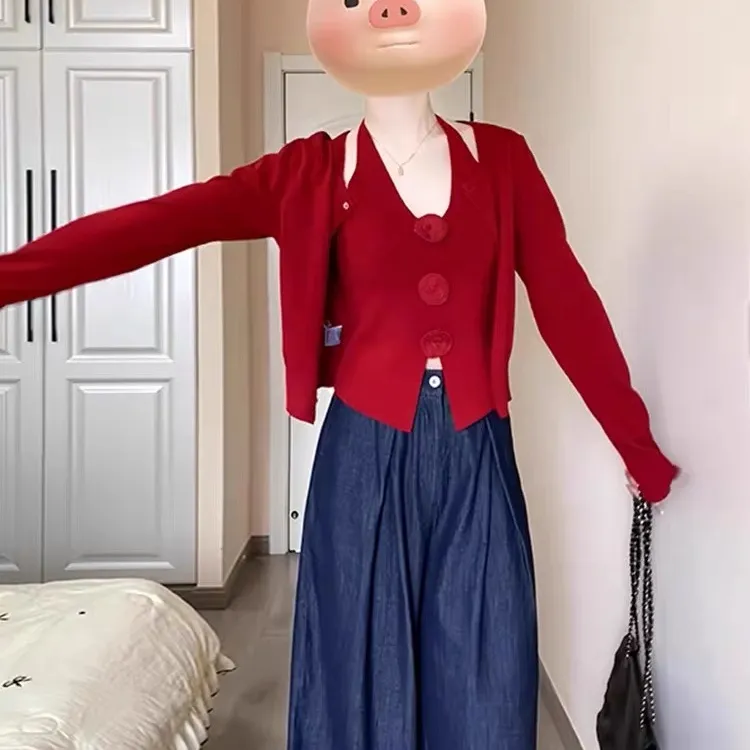 春秋冬韩系红色长袖包芯纱百搭显瘦两件套针织吊带均码女款