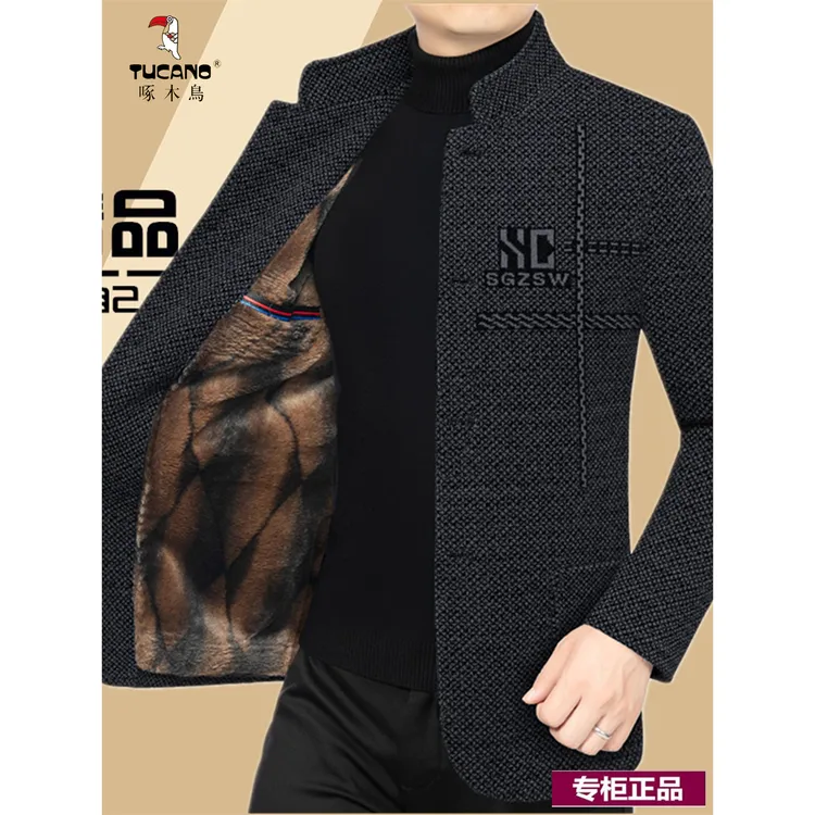 啄木鸟2025秋冬时尚毛呢大衣男士中年加绒加厚羊毛中山装夹克外套