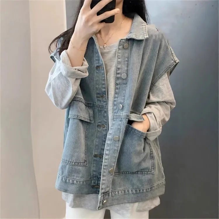 2025蓝色工装牛仔马甲女春秋欧货洋气小衫单排扣重工水洗马夹背心