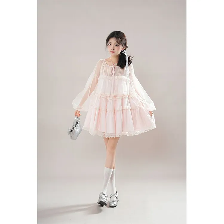可可森林 法式古着优雅镂空粉色娃娃裙千金感花边蕾丝连衣裙女夏