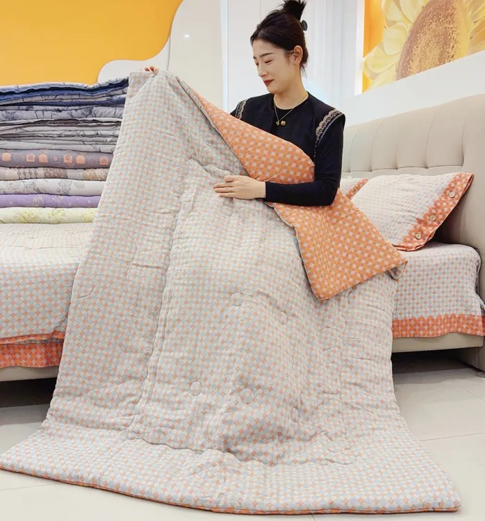 【1.2米橙色菱格】1.2米*1.5米纯棉双层纱多用被沙发被车用被多功能