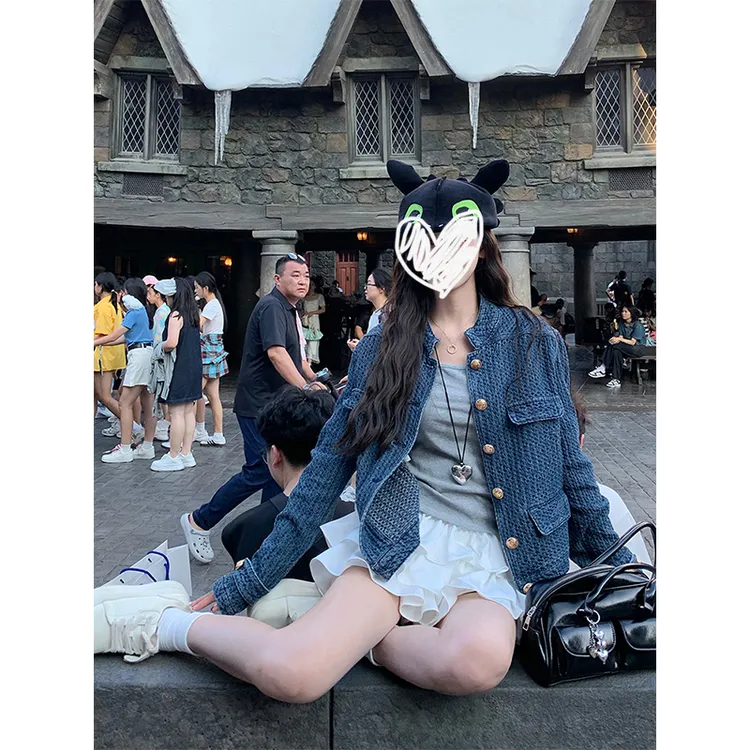 老钱调肌理感小香风牛仔外套女2025秋季新款蓝色立领修身夹克上衣