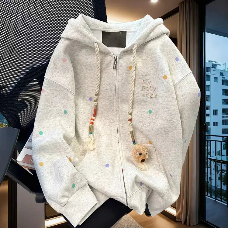 日系可爱小熊连帽卫衣女秋冬特大码300斤情侣开衫设计感小众外套