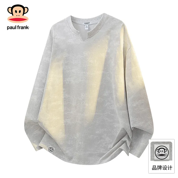 PaulFrank/大嘴猴扎染休闲长袖T恤男士秋季新款V领宽松上衣打底衫