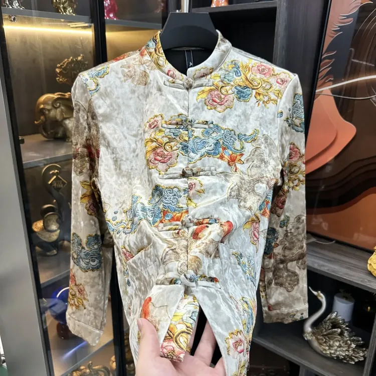 男士时尚休闲百搭盘扣复古中式长袖衬衫金丝绒秋季新款唐装外套