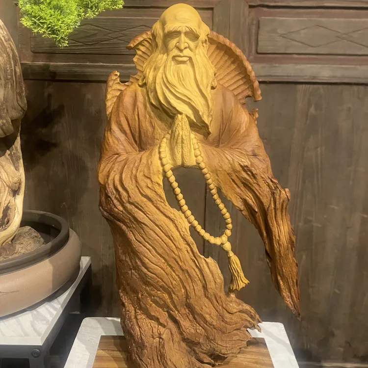 达摩根雕艺术纯手工镂空雕刻香樟木人物摆件客厅茶室酒店民宿装饰