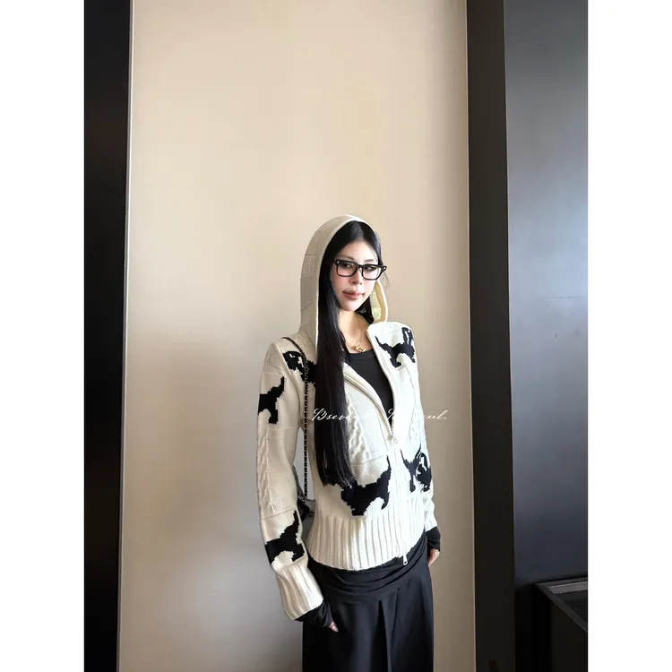 黑泽玄七“暖萌冰岛毛衣"微胖冬季提花工艺AI小狗粗线羊毛连帽外套