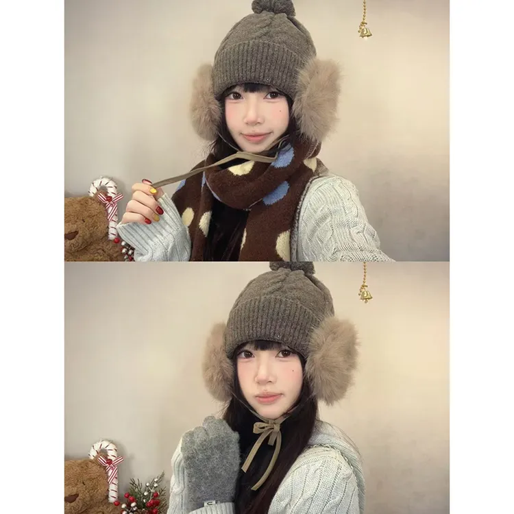 SUMMER PENGUIN韩版毛绒球绑带针织雷锋帽子女保暖可爱护耳毛线帽