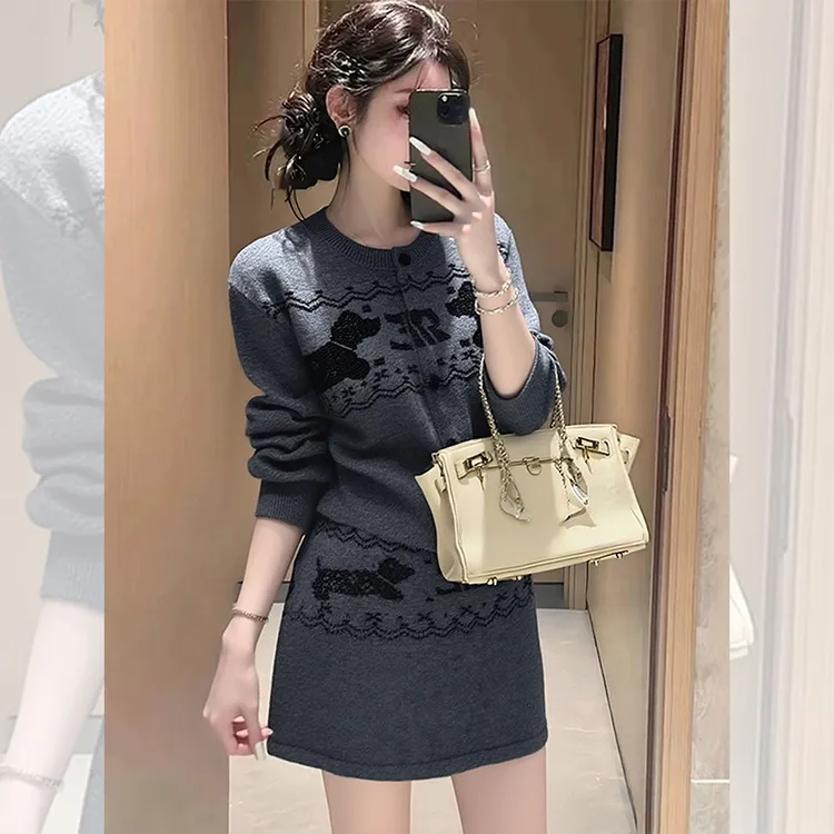 漂亮出片洋气衣服女装秋冬季一整套灰色费尔岛针织毛衣裙子两件套