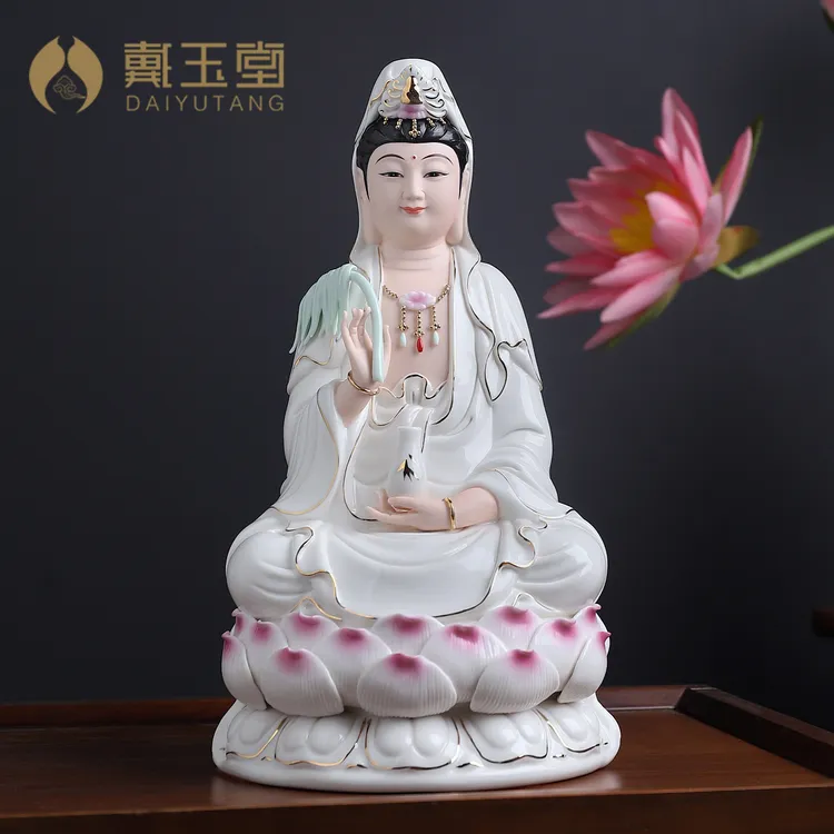 戴玉堂德化瓷观/音桌面摆件坐莲描金观/音客厅茶空音摆件陶瓷工艺
