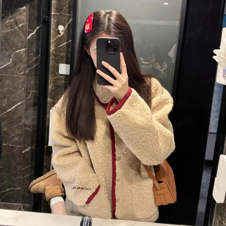 韩系棕色摇粒绒羊羔绒毛毛外套女秋冬2026新款巨好看加厚翻领大衣