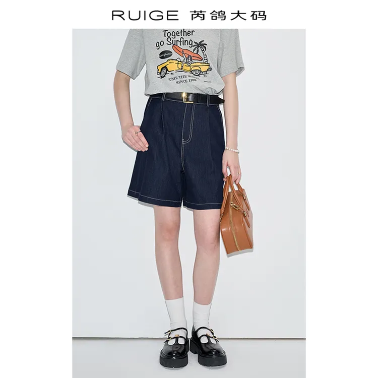 芮鸽微胖复古牛仔裤港风直筒夏季新款休闲女装宽松短裤女高腰显瘦