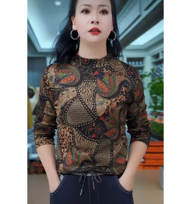 689#秋季气质半高领复古印花显瘦百搭打底衫（XL~5XL 90~160斤）