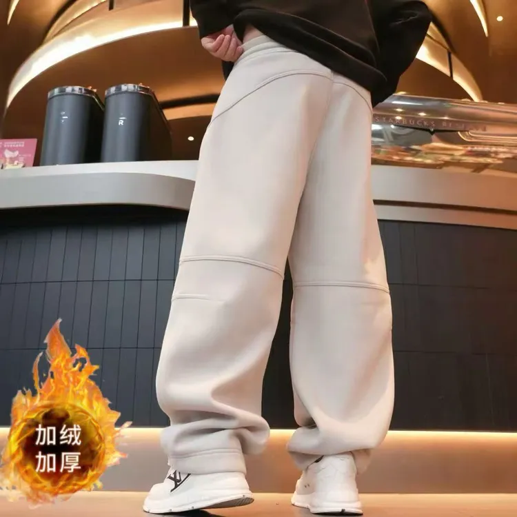 欧货高档男士冬季简约宽松加绒休闲阔腿裤潮流时尚拼接百搭直筒裤