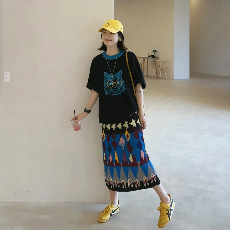 2025夏季新款休闲度假民族风套装裙女圆领印花t恤上衣花纹半身裙