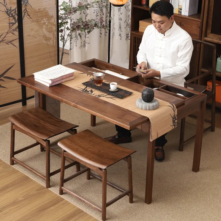 有枝新中式黑胡桃木阳台茶桌榆木宋代美学推拉茶台家用茶桌椅组合