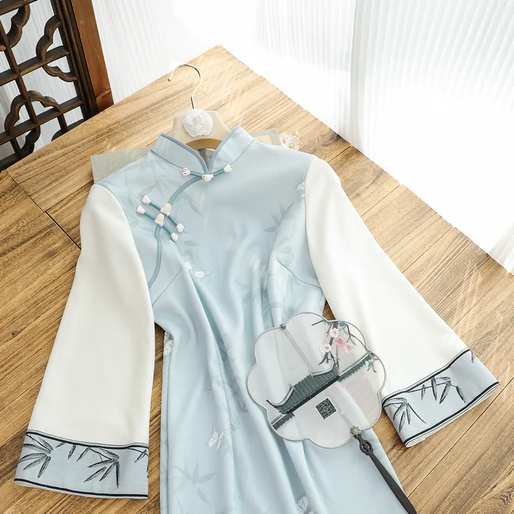 俏娘鱼蓝色优雅新中式旗袍女2025秋淑女范日常可穿倒大袖秋冬新款