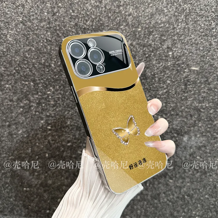 秒变苹果17闪闪蝴蝶大视窗适用苹果16/15/14电镀promax玻璃手机壳