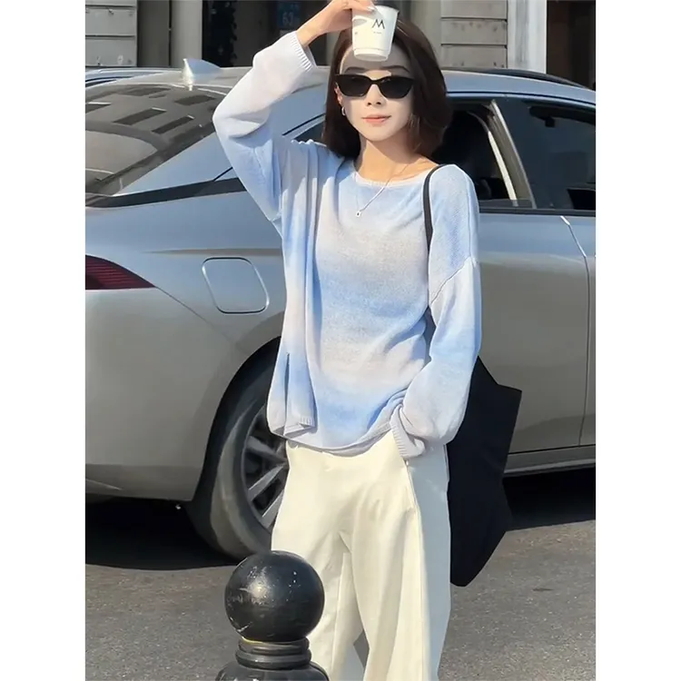 渐变蓝色薄款冰丝针织衫女夏季御姐高级感时尚休闲阔腿裤两件套装