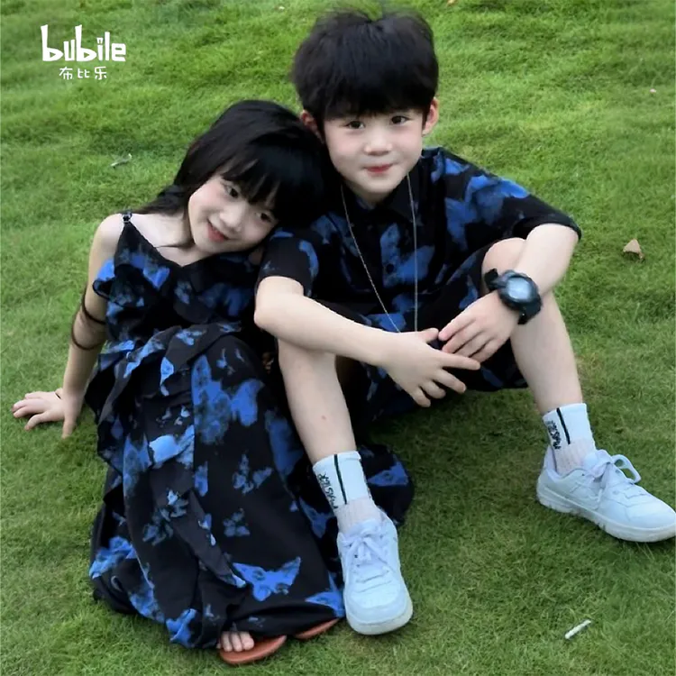 儿童衣服夏季2025新款兄妹装女童法式蝴蝶连衣裙男童短袖两件套装