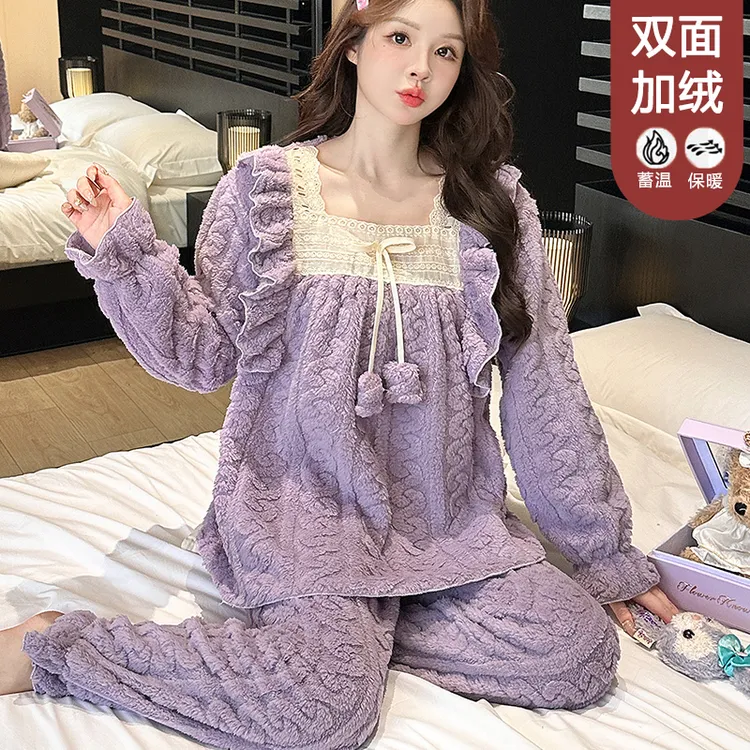 【星】秋冬加厚双面绒套头睡衣女可外穿家居服套装1030