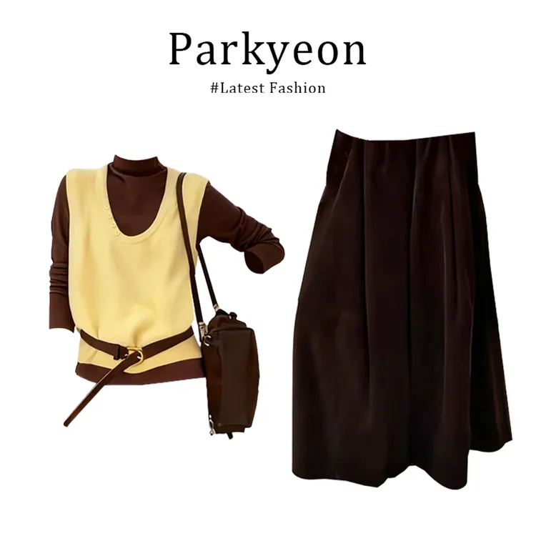 parkyeon日式时尚风气质polo领条纹针织衫宽松阔腿休闲裤秋季套装