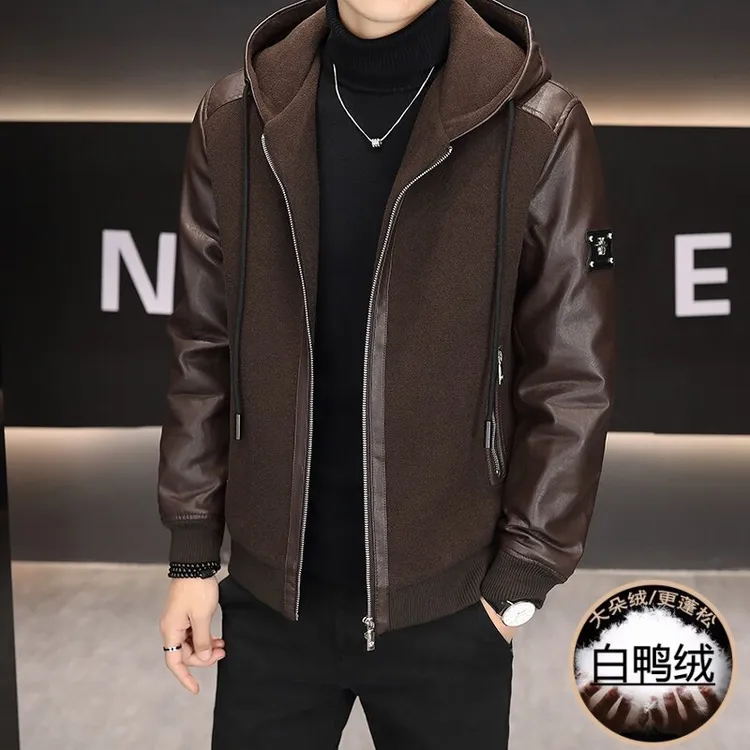 库约内姆拼皮羽绒服男款冬季新款潮牌青年休闲加厚保暖连帽外套