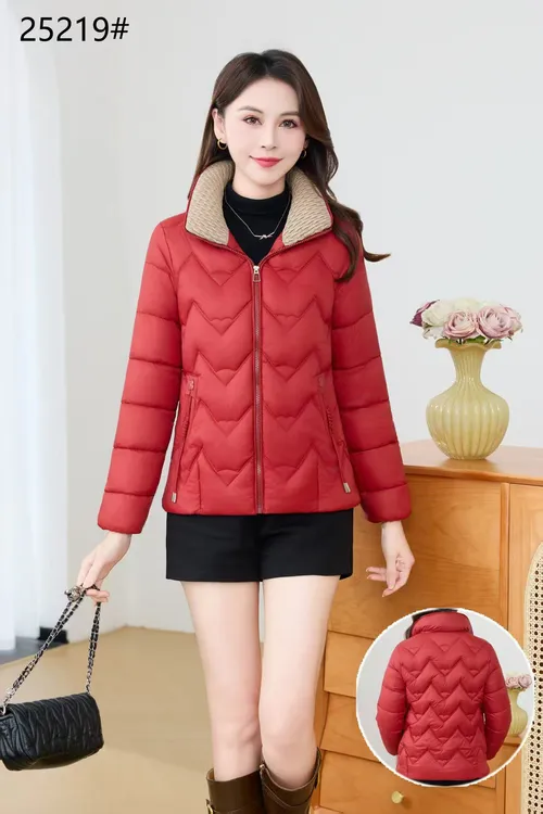 25219冬季显瘦短款女士加厚免洗棉服冬装女装时尚大方 拼色绗绣领