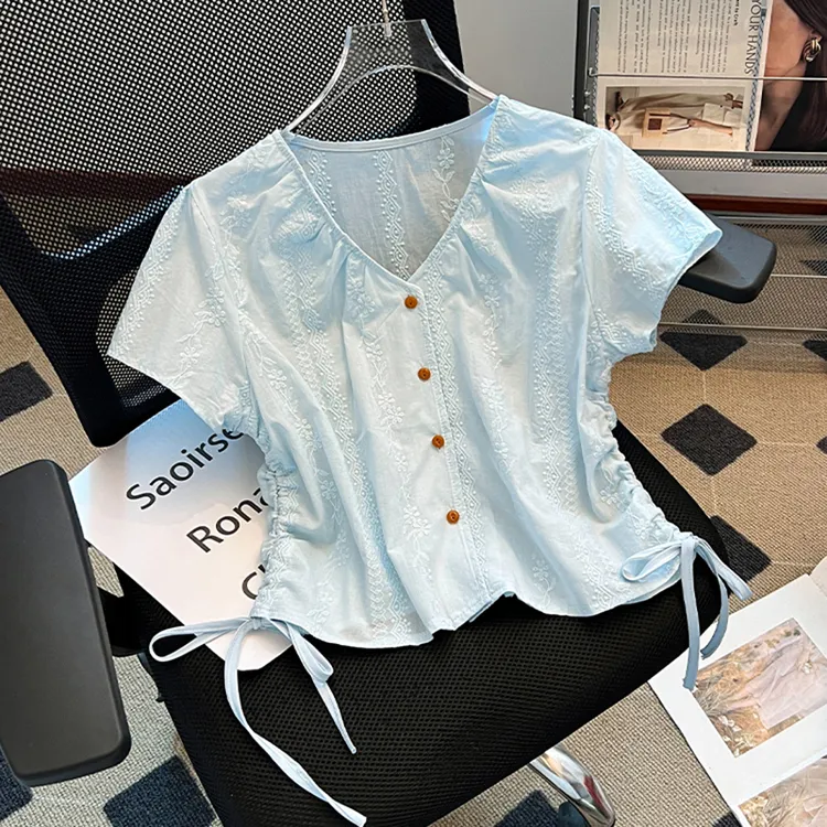 设计感小众抽绳V领短袖衬衫女夏季褶皱收腰显瘦上衣法式减龄小衫