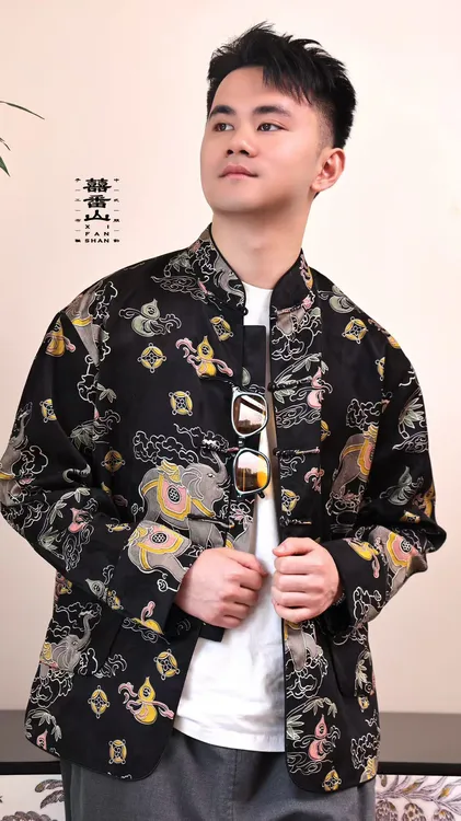 《富贵万象》常规款潮流单排扣短外套长袖唐装冬春秋季印花