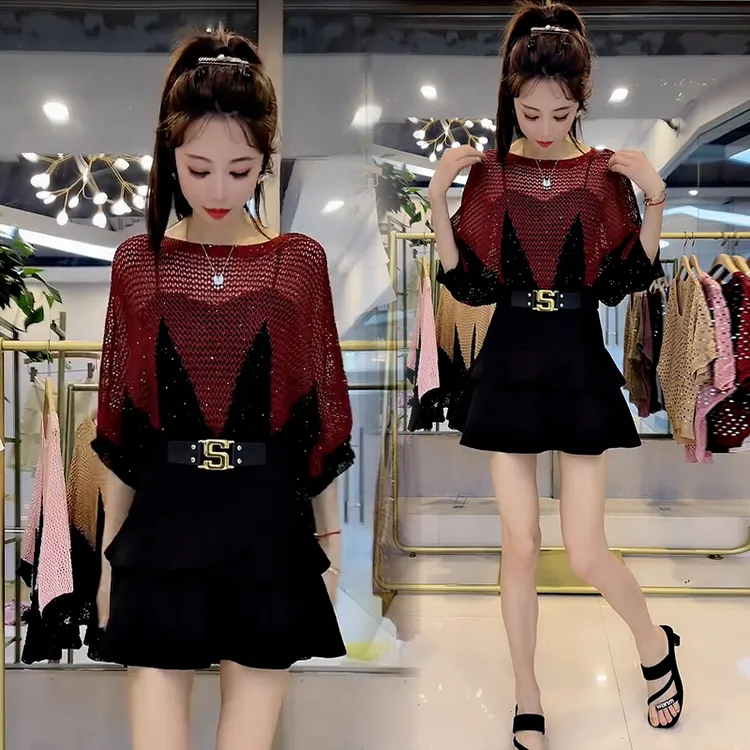 慵懒风撞色蝙蝠袖亮片针织衫女2025年夏季新款镂空设计感套头上衣