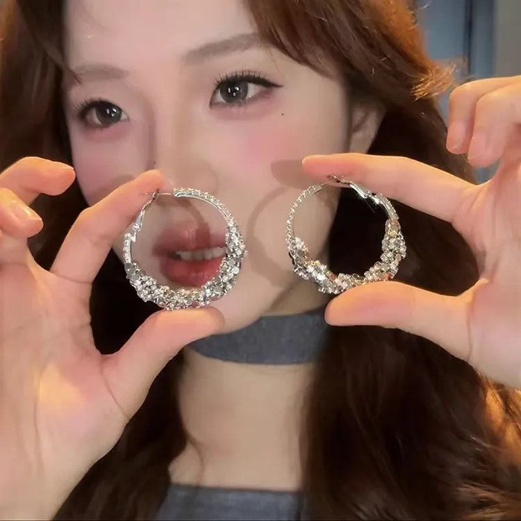 925银针银色碎银子大耳圈气质个性欧美风夸张设计感冷淡时尚耳环