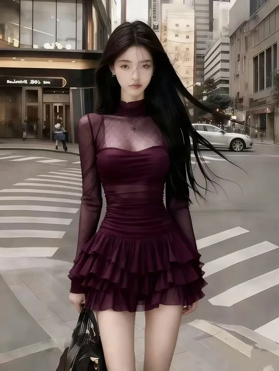 轻奢气质名媛纯欲紫红色半高领网纱拼接微透氛围感气质辣妹连衣裙