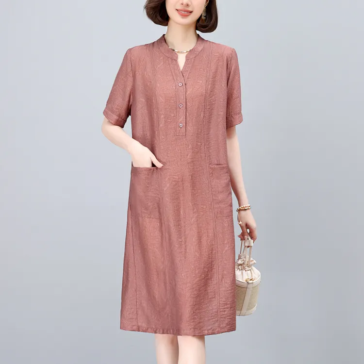 时尚短袖连衣裙女夏季2025新款中年妈妈宽松大码休闲减龄V领裙子