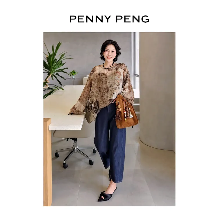 PENNYPENG 敦煌壁画 100桑蚕丝花色雪纺衫圆领印花真丝长袖上衣女