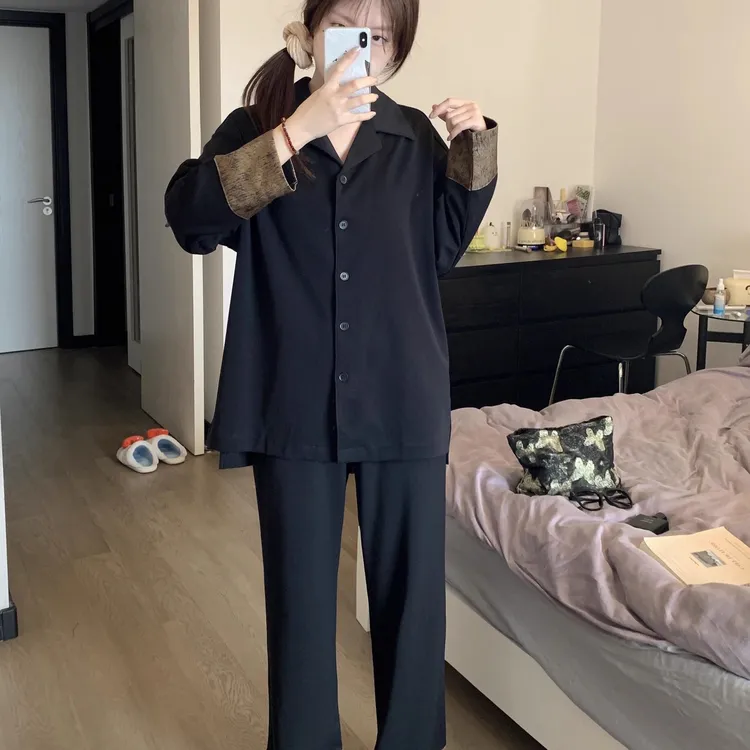 带胸垫新款睡衣女柔软棉简约春秋季长袖长裤套装可外穿气质家居服