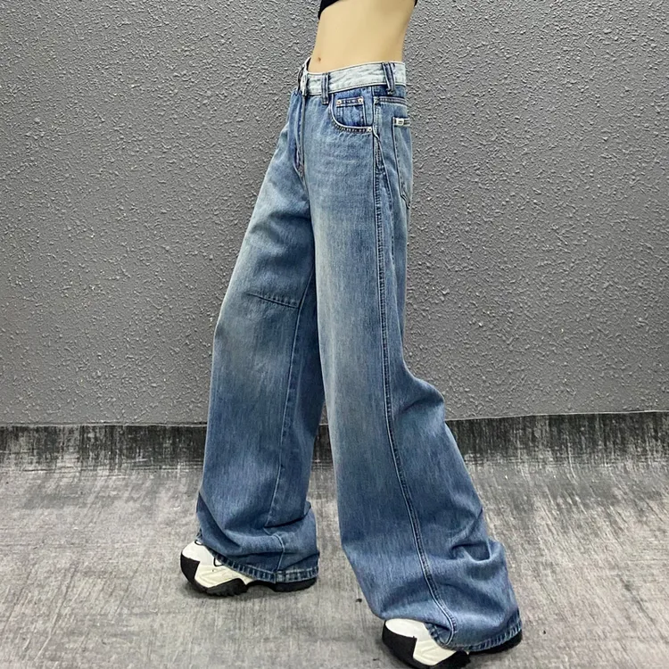 拼色腰身褶纹设计休闲牛仔裤女秋新款高腰宽松显瘦百搭直筒阔腿裤