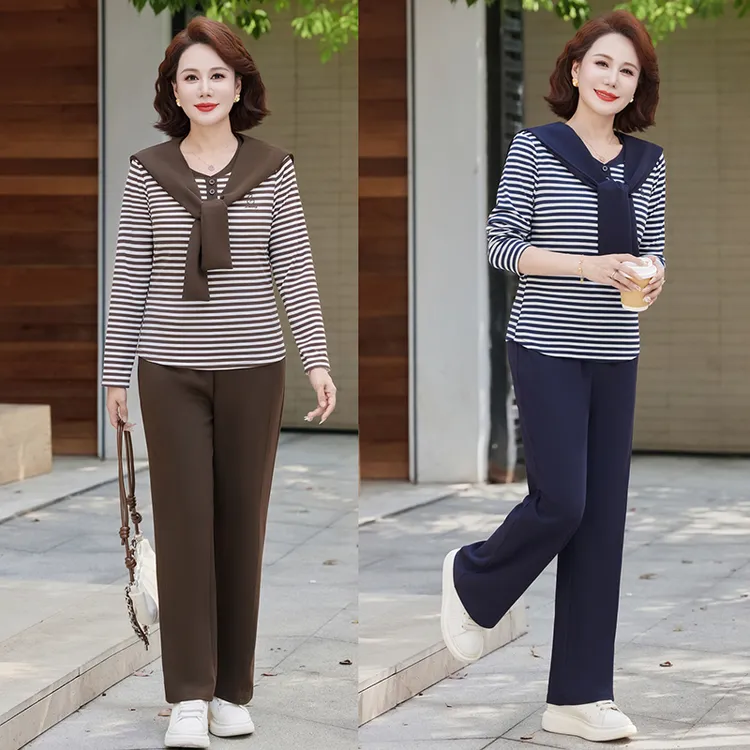 妈妈秋装休闲条纹运动服套装2025新款中年女装洋气显瘦上衣两件套