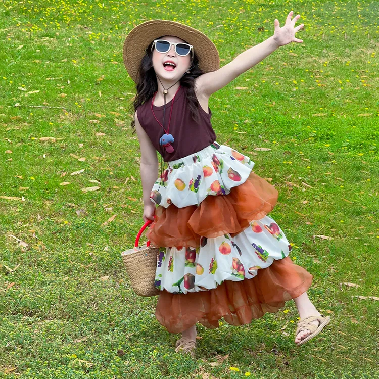 女童韩范炸街套装2025新款女孩洋气夏季蛋糕裙女宝夏装背心两件套