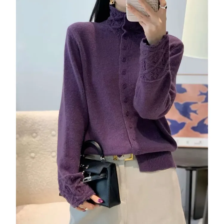 《大橙子》半高领花边拼接针织开衫女设计感宽松保暖毛衣内搭上衣