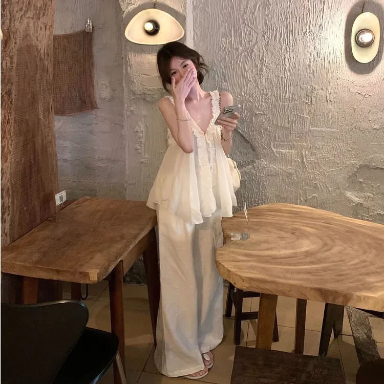 法式度假风套装女夏季木耳边V领吊带小衫无袖上衣高腰阔腿休闲裤