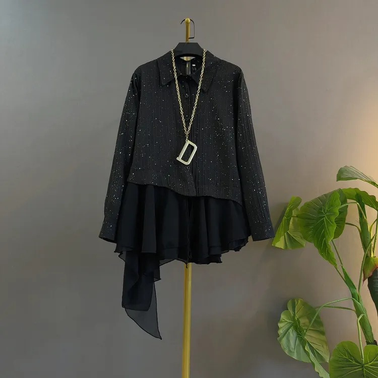 黑色翻领时尚显瘦拼接百搭气质淑女衬衫