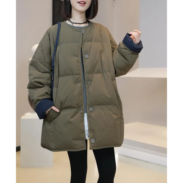 2025秋冬新款设计款撞色显白中长款防风加棉保暖宽松遮肉圆领棉衣