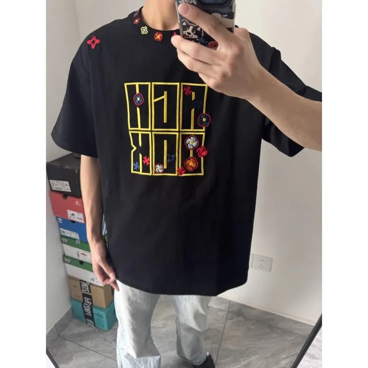 刺绣男士短袖圆领夏季重磅高街美式T恤学生复古百搭休闲小众印花