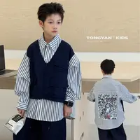 9.24号新品 男童长袖衬衫秋装自制条纹衬衣儿童假两件上衣TY03068