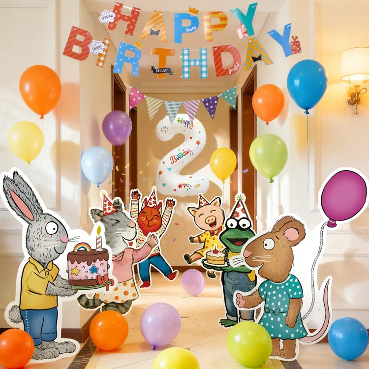 2岁小女孩生日快乐仪式感波西和皮普主题布置装饰kt板投屏背景男