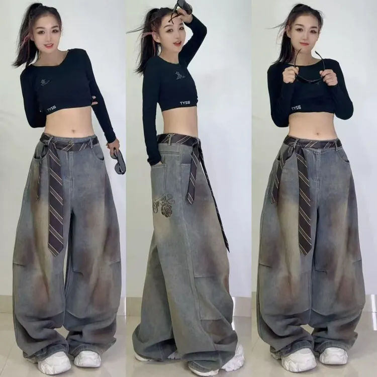 K907潮牌牛仔裤阔腿复古领带装饰做旧刺绣2598款